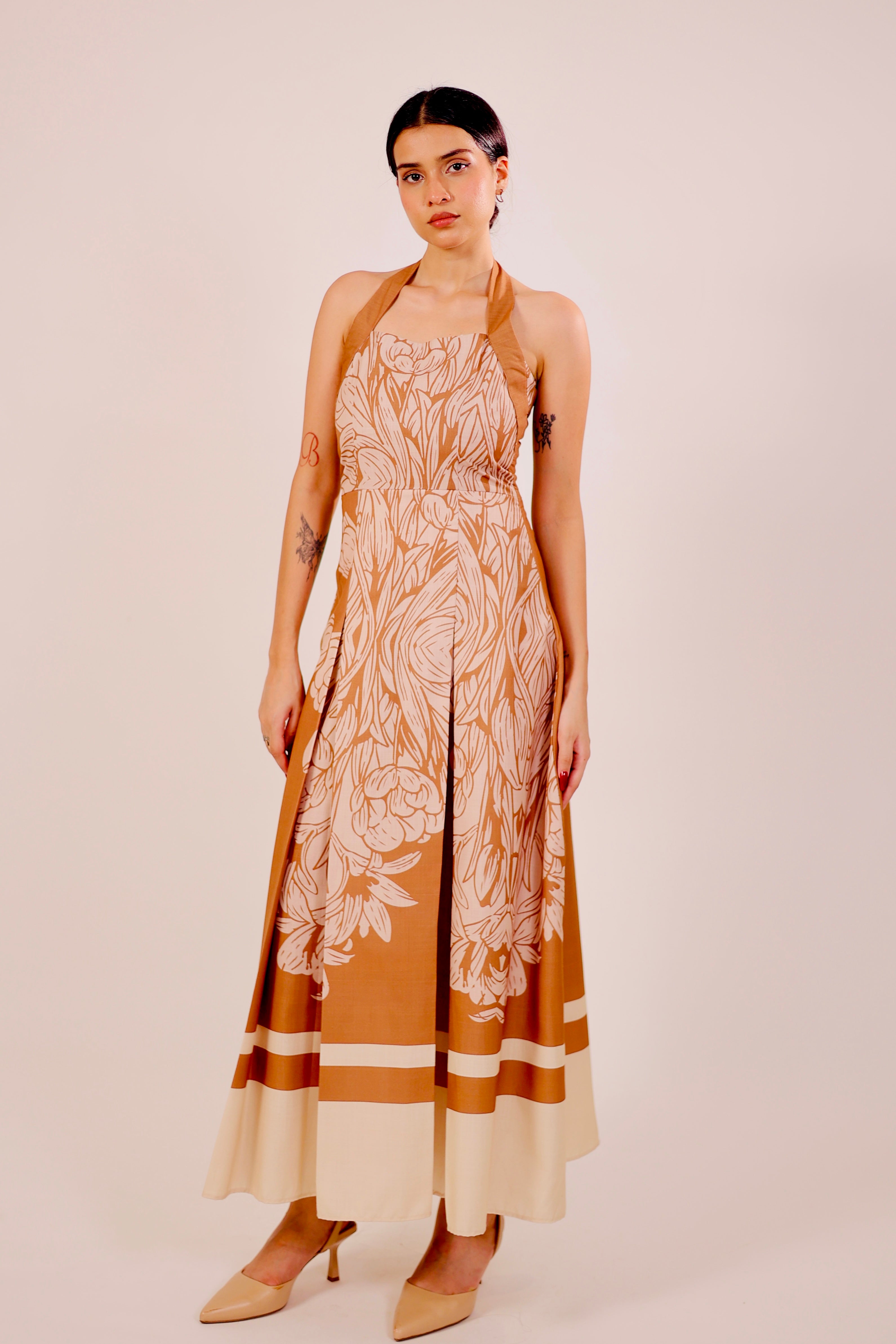 Caramel Pleated Midi Dress