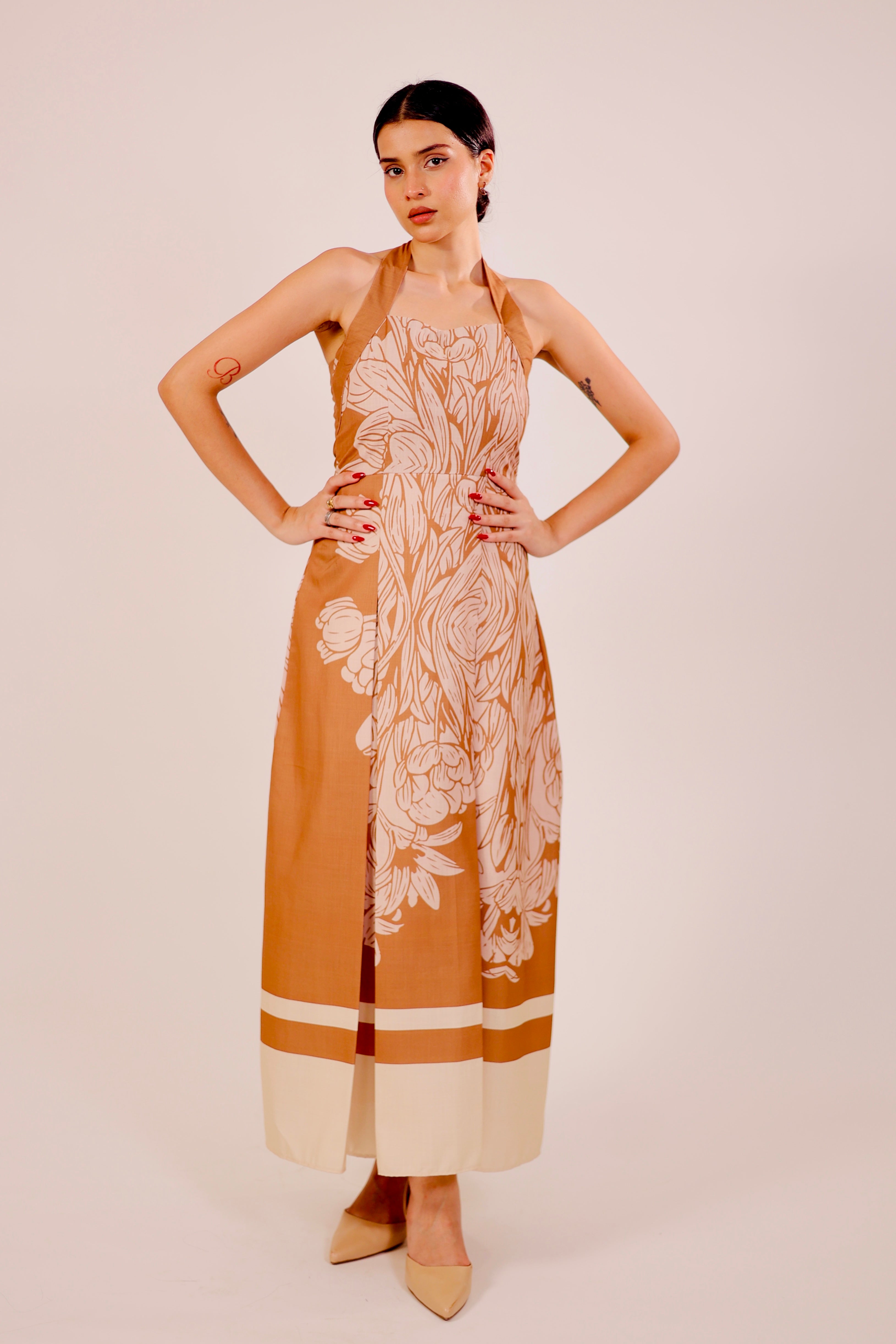 Caramel Pleated Midi Dress