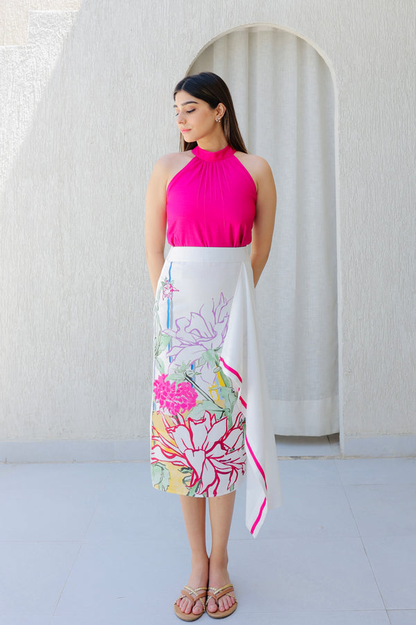 Fuchsia High-Neck Top & Floral Wrap Midi Set