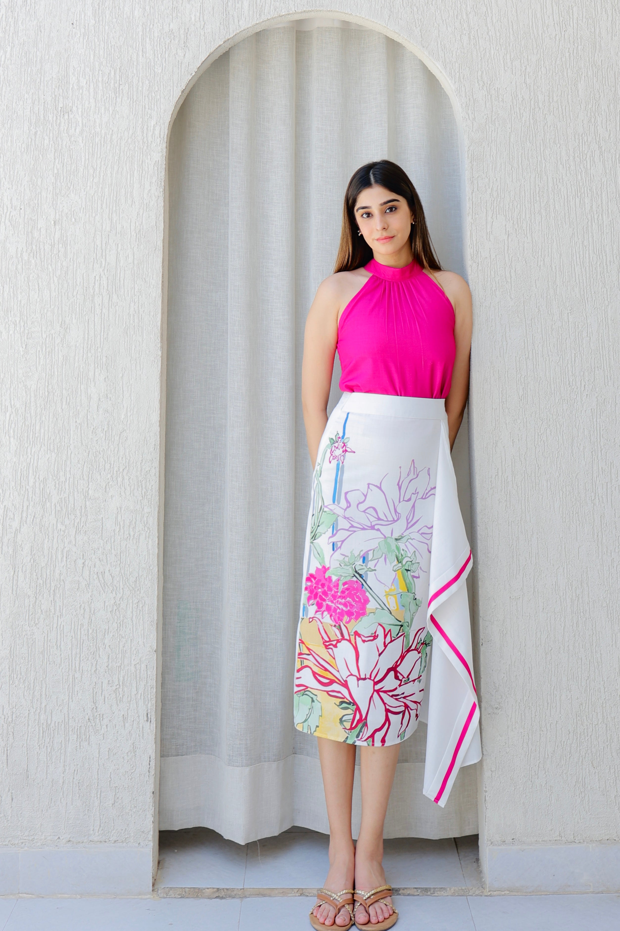 Fuchsia High-Neck Top & Floral Wrap Midi Set