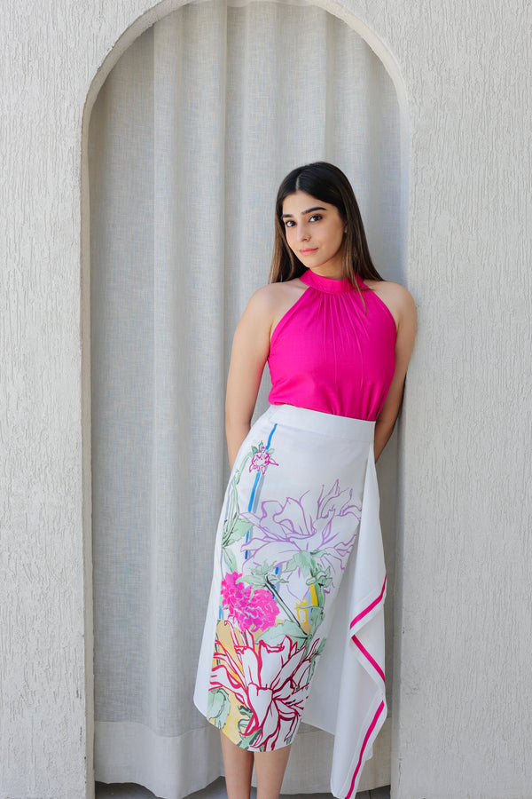Fuchsia High-Neck Top & Floral Wrap Midi Set