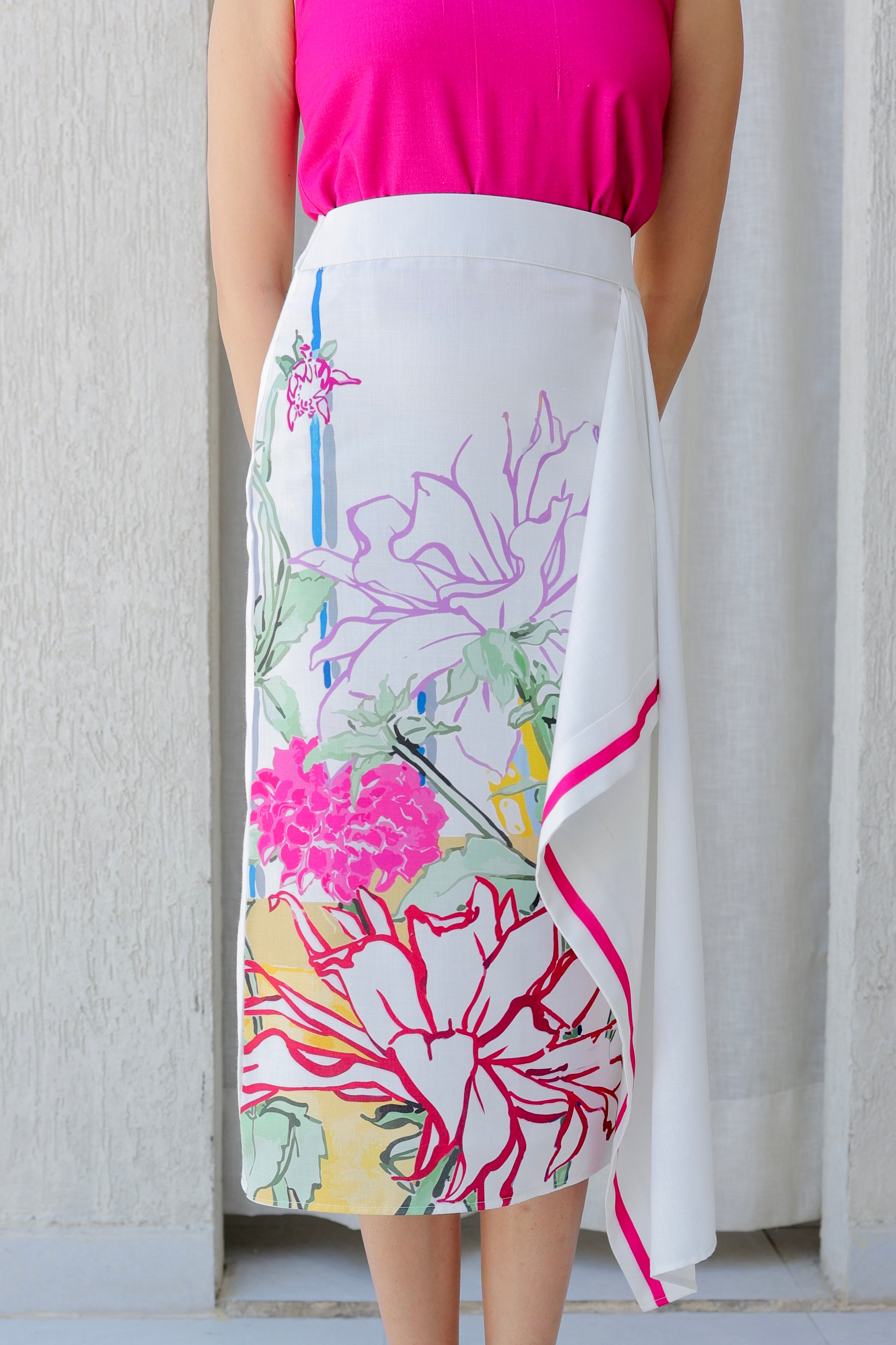 Fuchsia High-Neck Top & Floral Wrap Midi Set