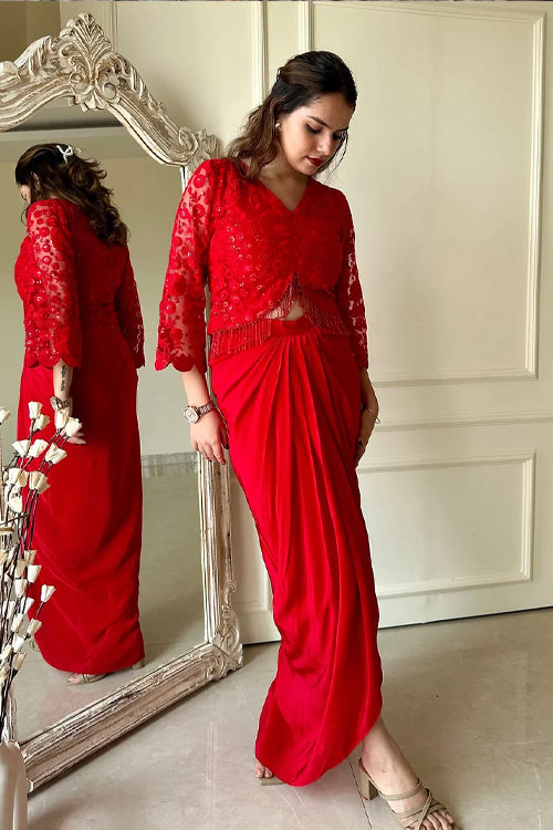 Red Embroidered Fusion Drape Skirt Set