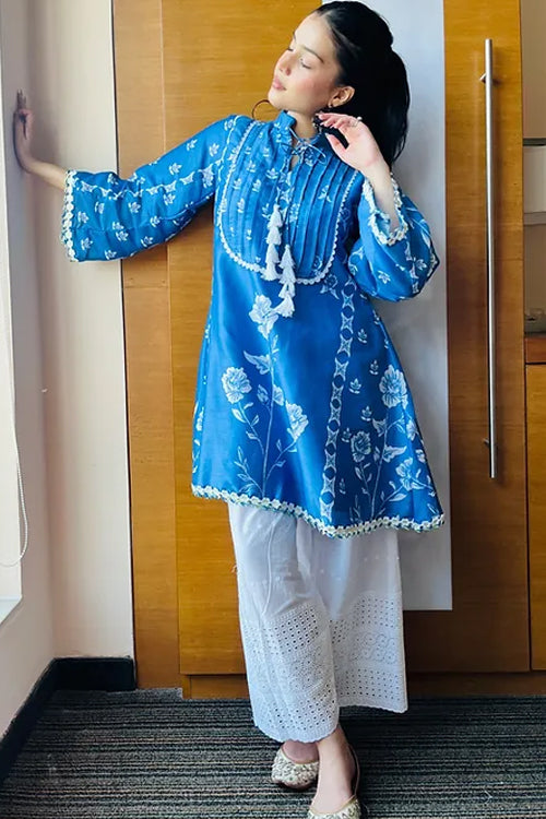 Long New Jeans Kurta Style Ahlya Denim Blue Pakistani Kurta Set