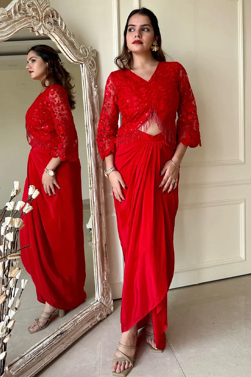 Red Embroidered Fusion Drape Skirt Set