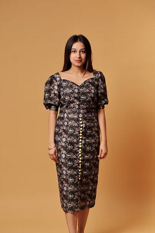 Abstract print dress with front buttons