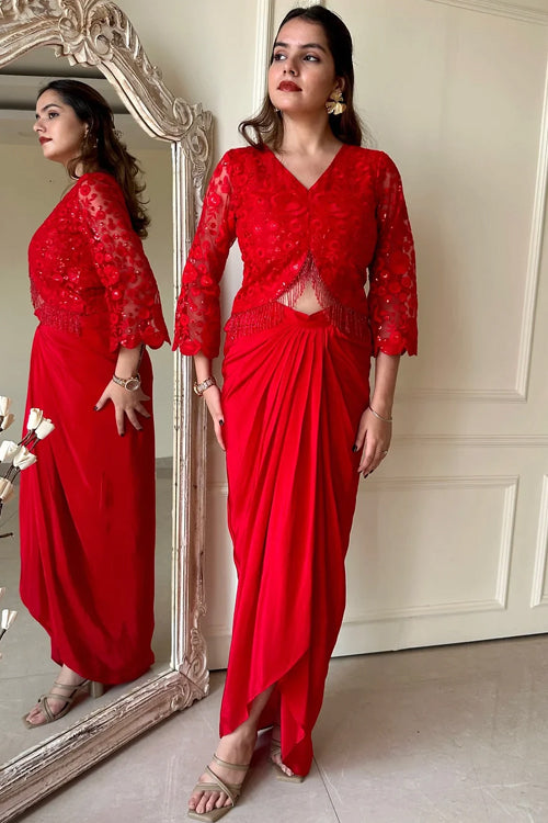 Red Embroidered fusion Drape Skirt Set