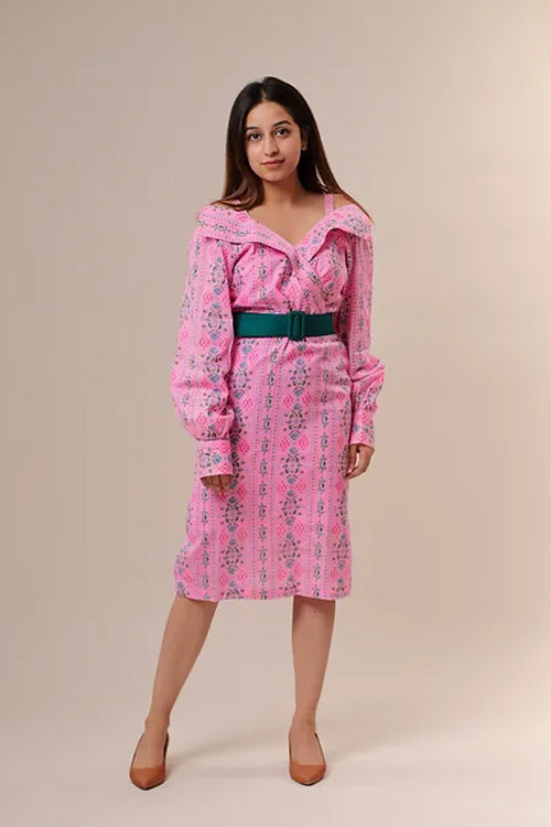 Emily Pink Print Dress With Green Belt