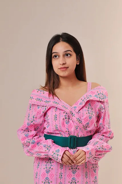 Emily Pink Print Dress With Green Belt