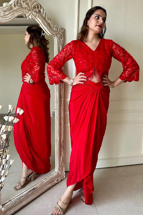 Red Embroidered fusion Drape Skirt Set