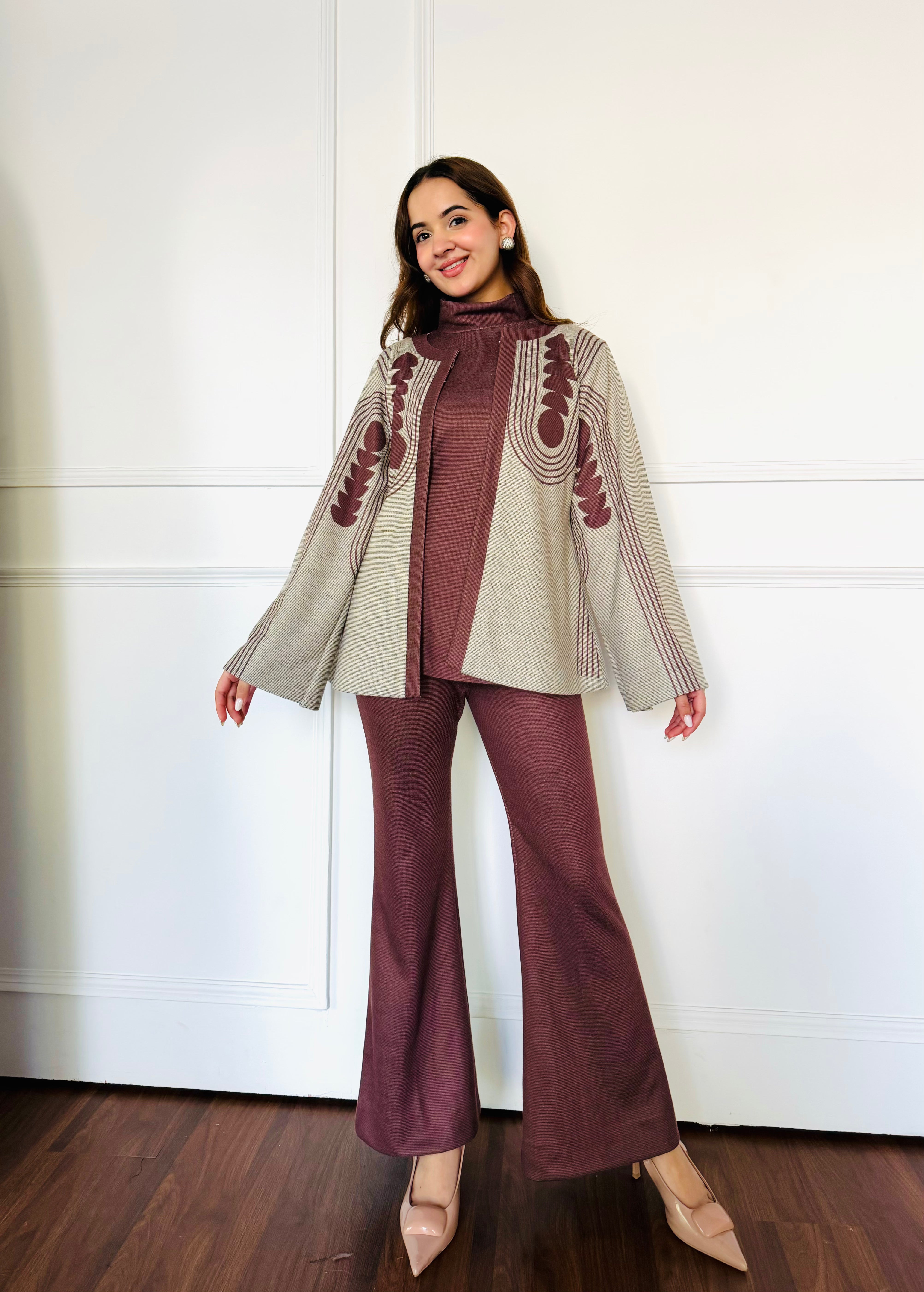 Beige Brown Woollen 3 Piece Set