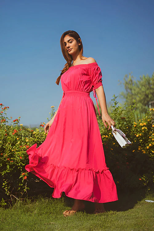 Fuchsia Off Shoulder Dess In Flow