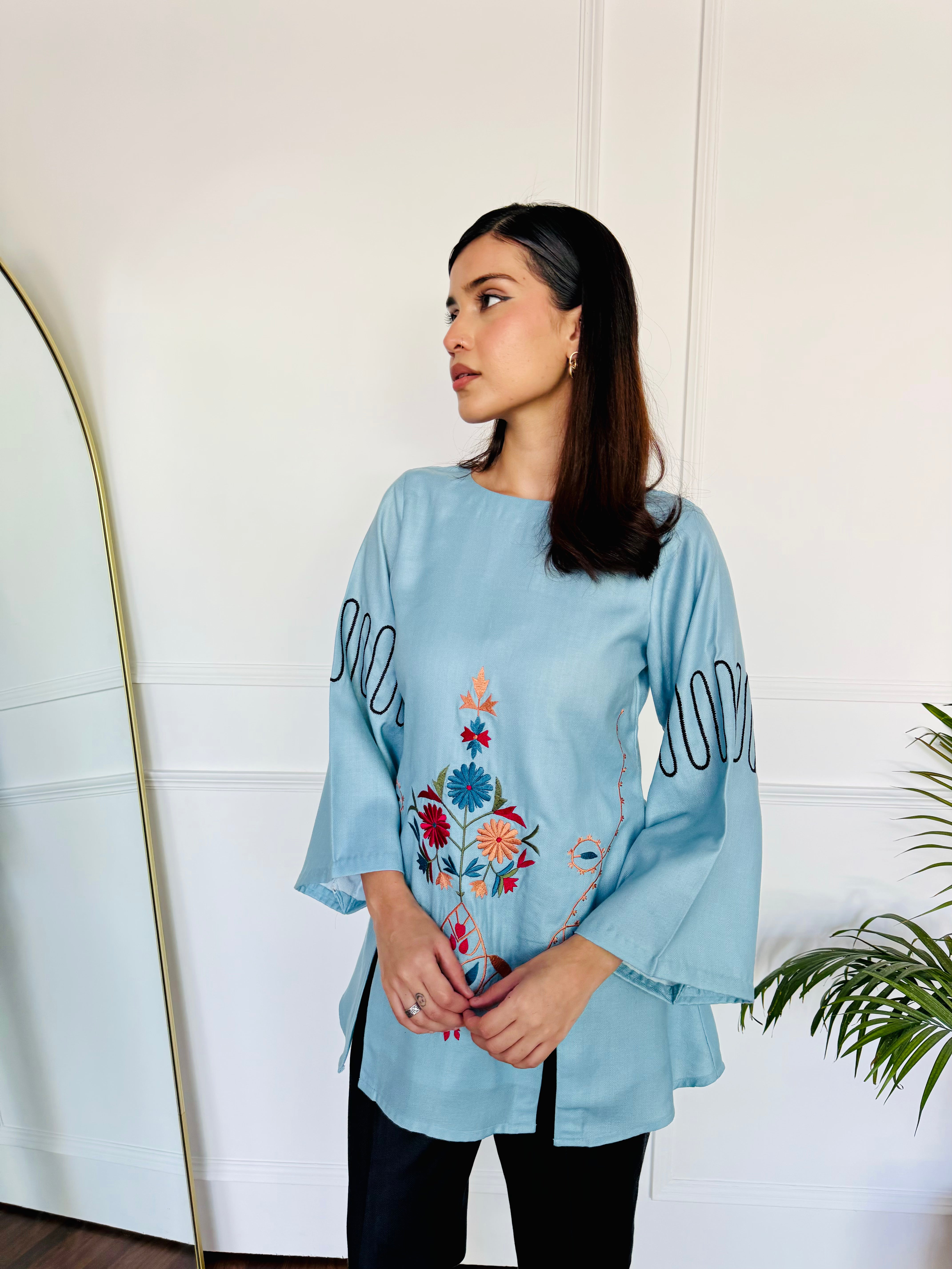 Blue & Black Embroidered Kurta Set