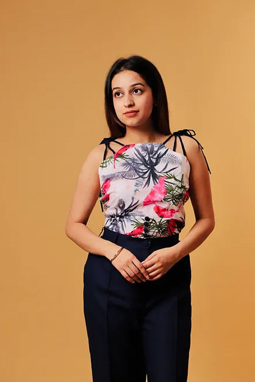 Tropical Printed Top With Blue Formal Pants