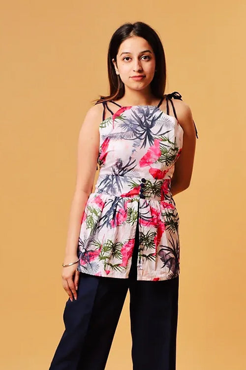 Tropical Printed Top With Blue Formal Pants