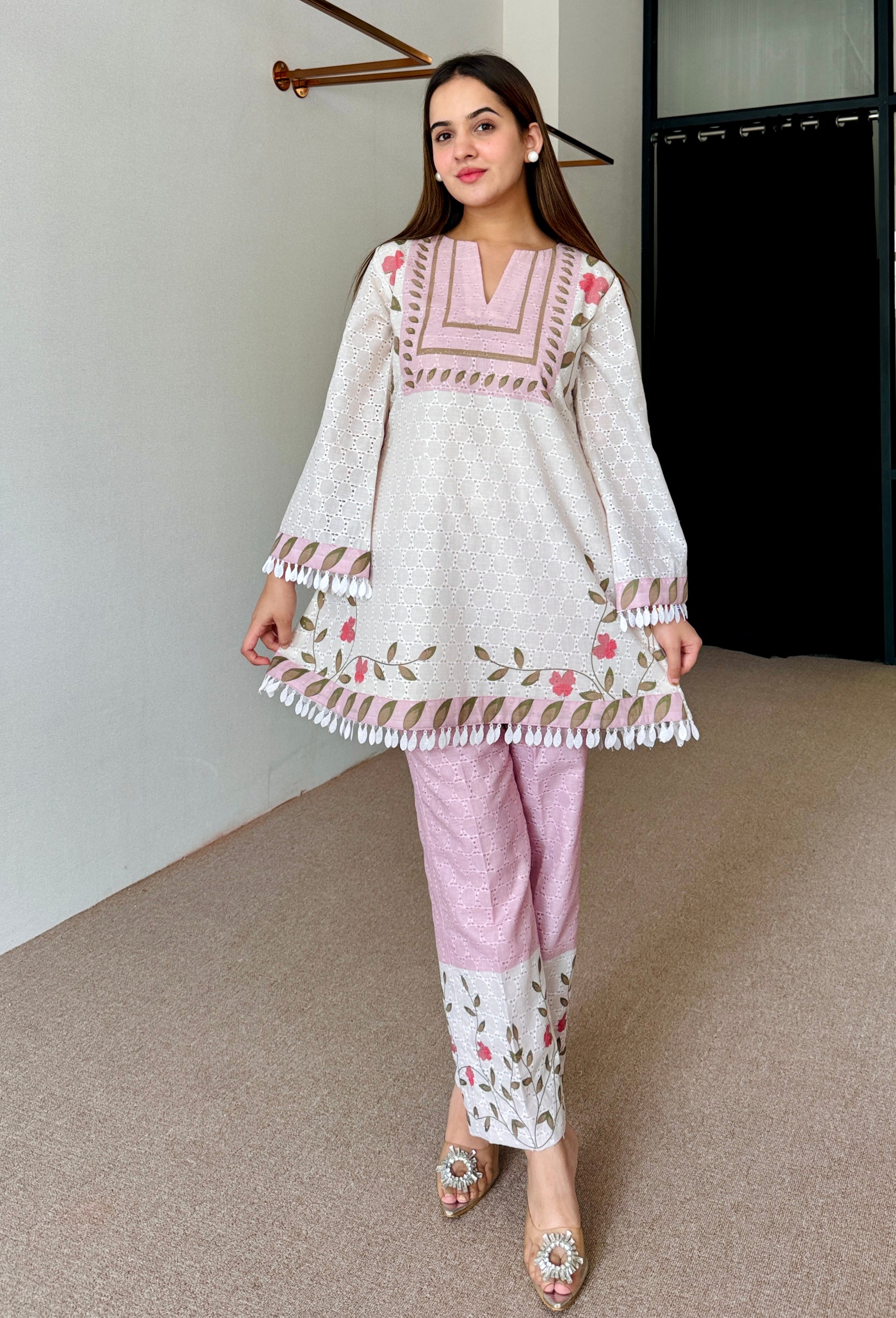 White Pink Floral Festive Kurta Set