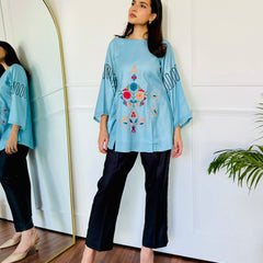 Blue & Black Embroidered Kurta Set