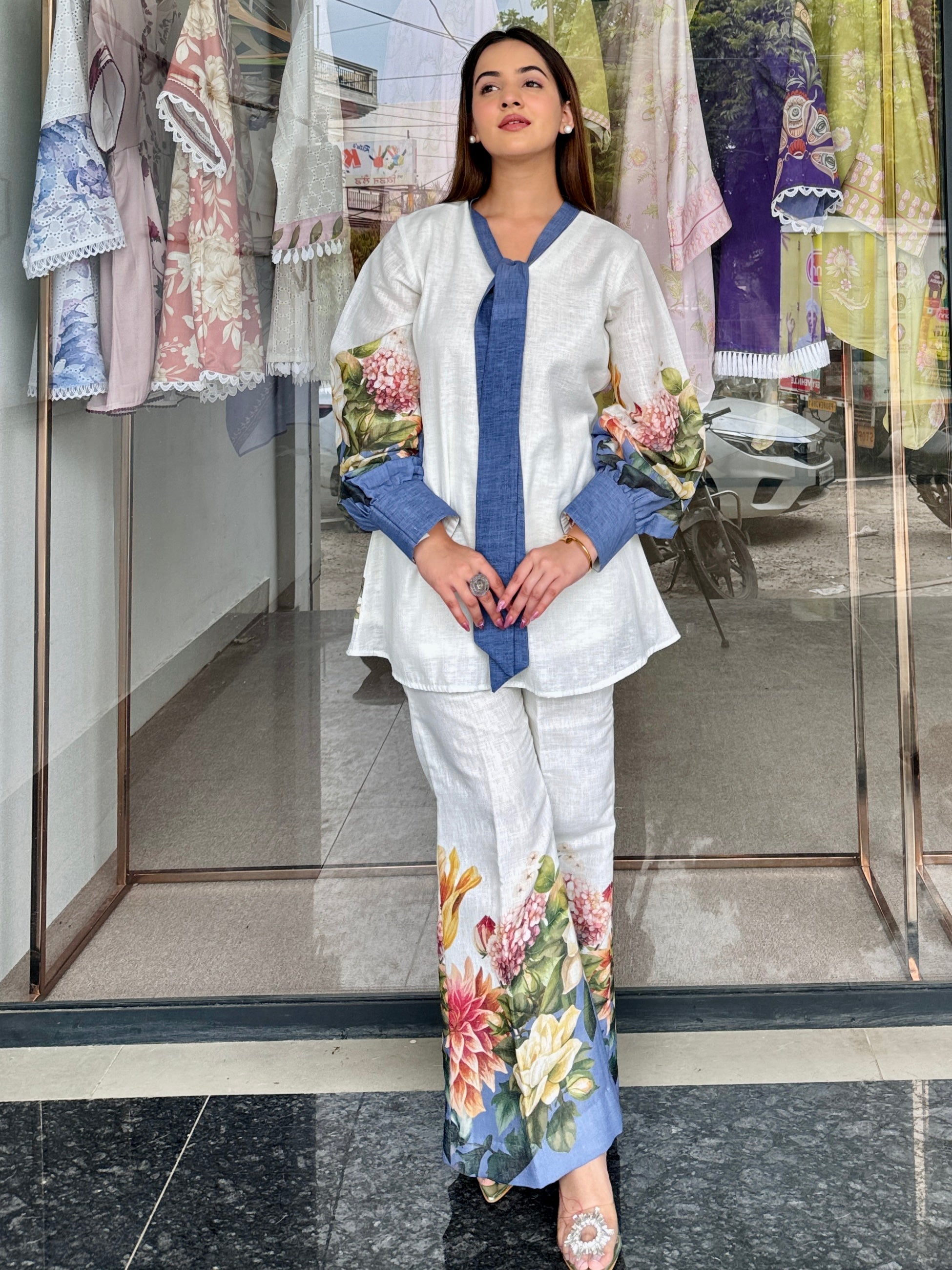 White Blue Co Ord Set