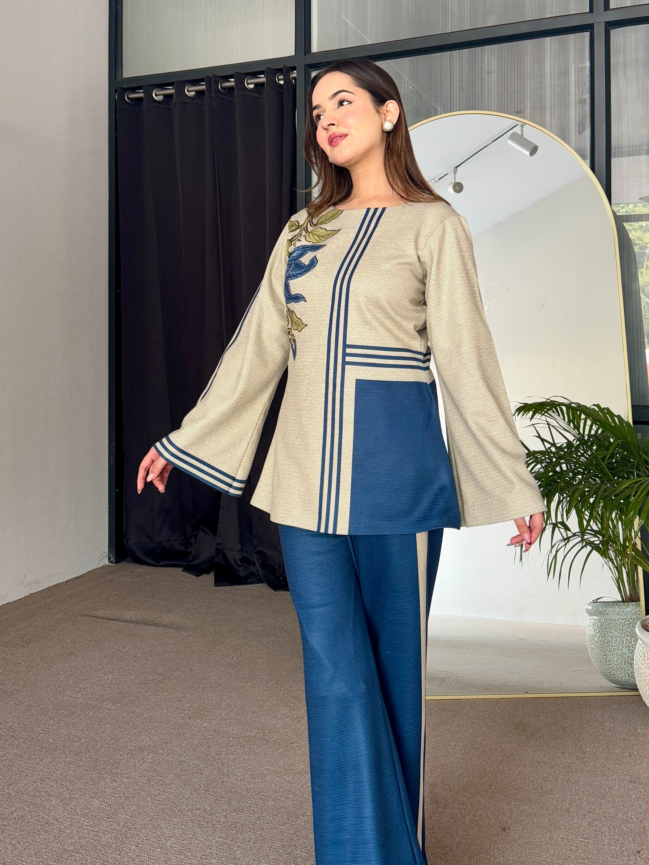 Beige Blue Woollen Coord Set