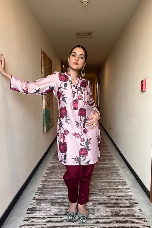 Saira Red And Rosegold Floral Pakistani Kurta Set