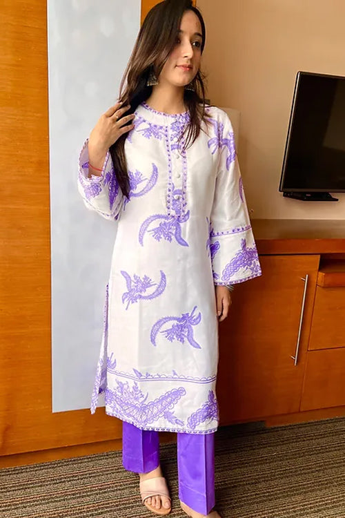 Aayna White Purple Classy Kurta Set