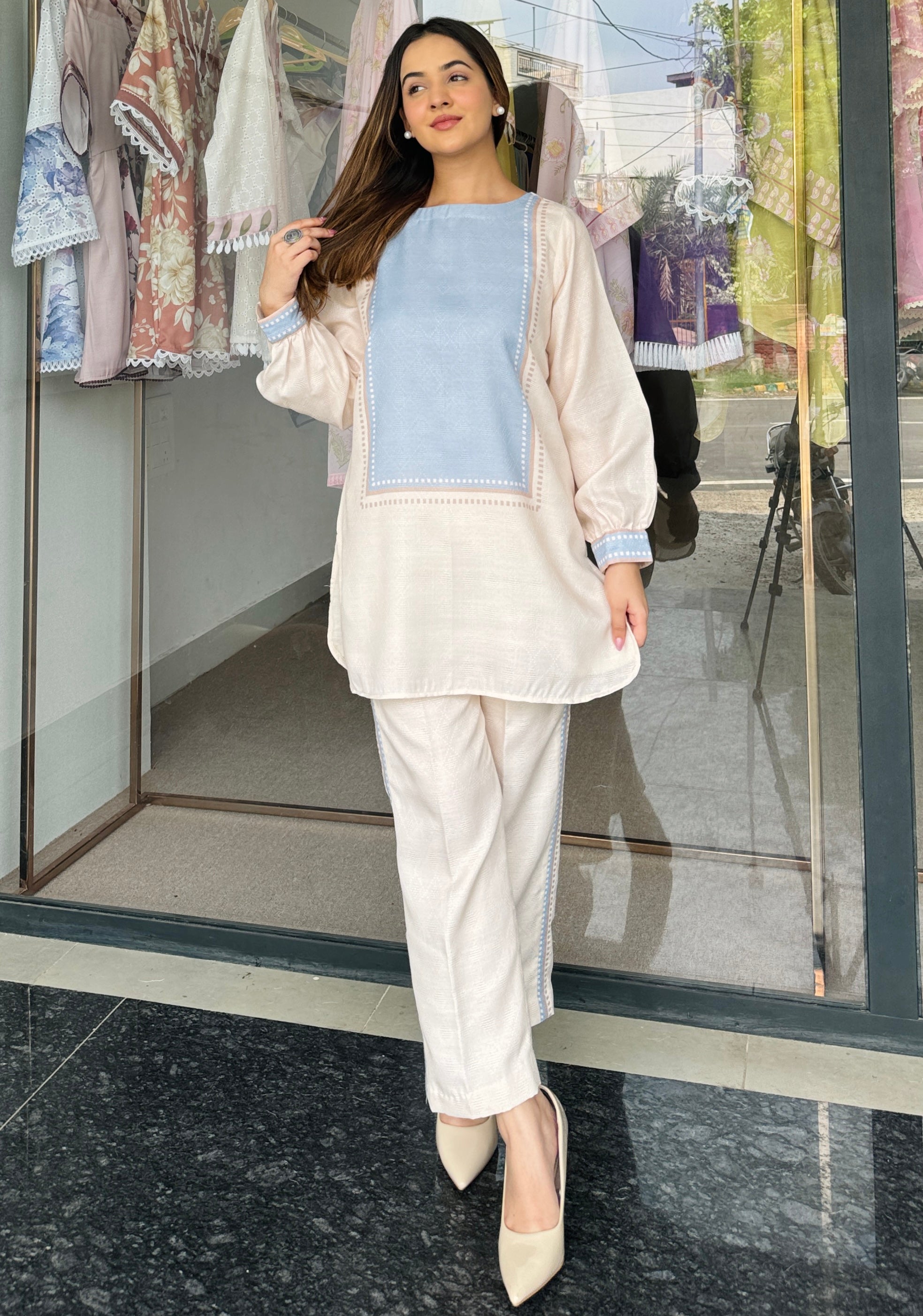 Beige Blue Harmony Co Ord Set