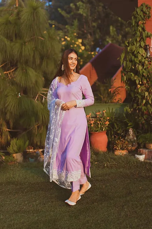 Lavender Straight Set With Dupatta