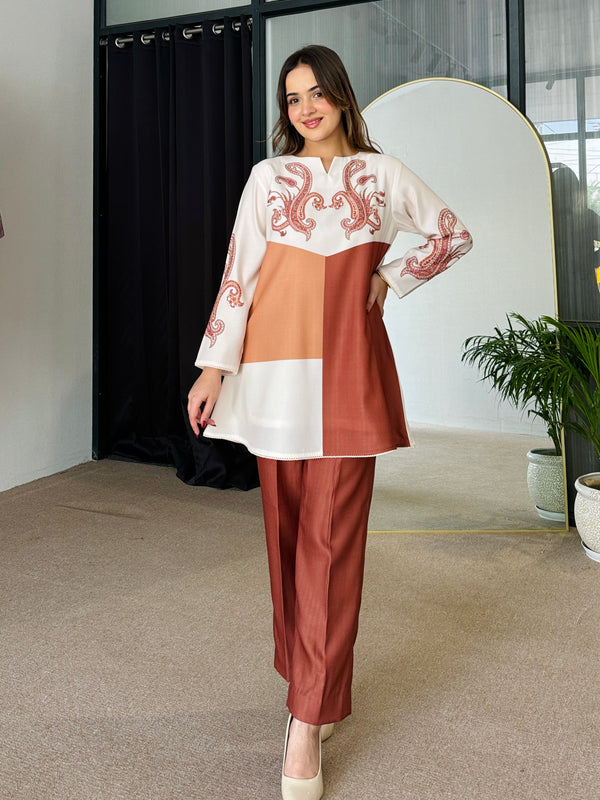 Tan Color Block Winter Kurta Set