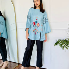 Blue & Black Embroidered Kurta Set