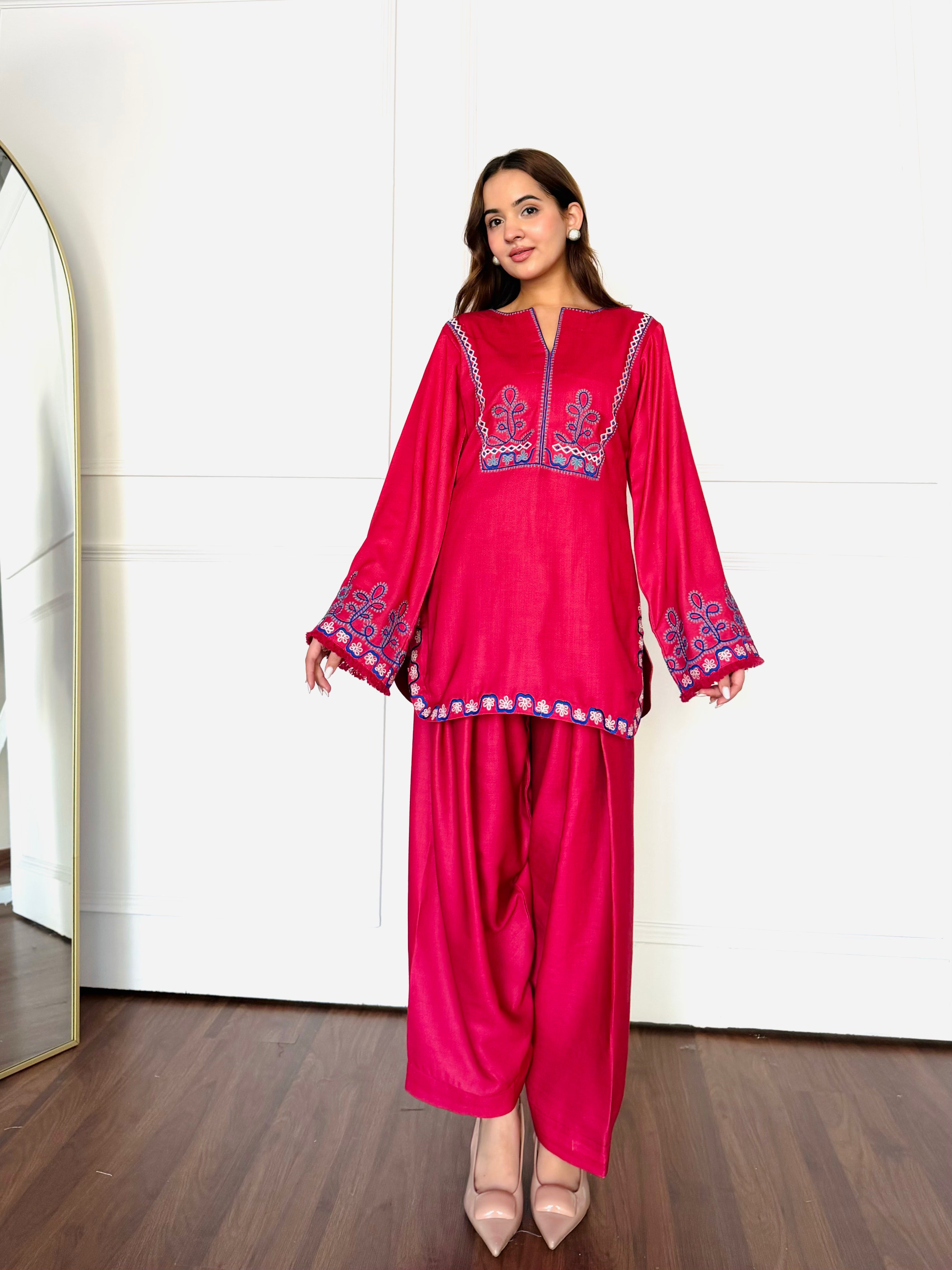 Red Embroidered Farshi Salwaar Set