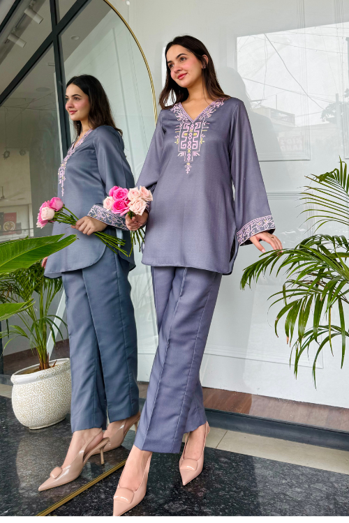 Gray Emnroidered Kurta Set