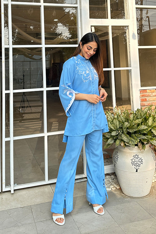 Denim Blue Embroidered Winter Fusion Set