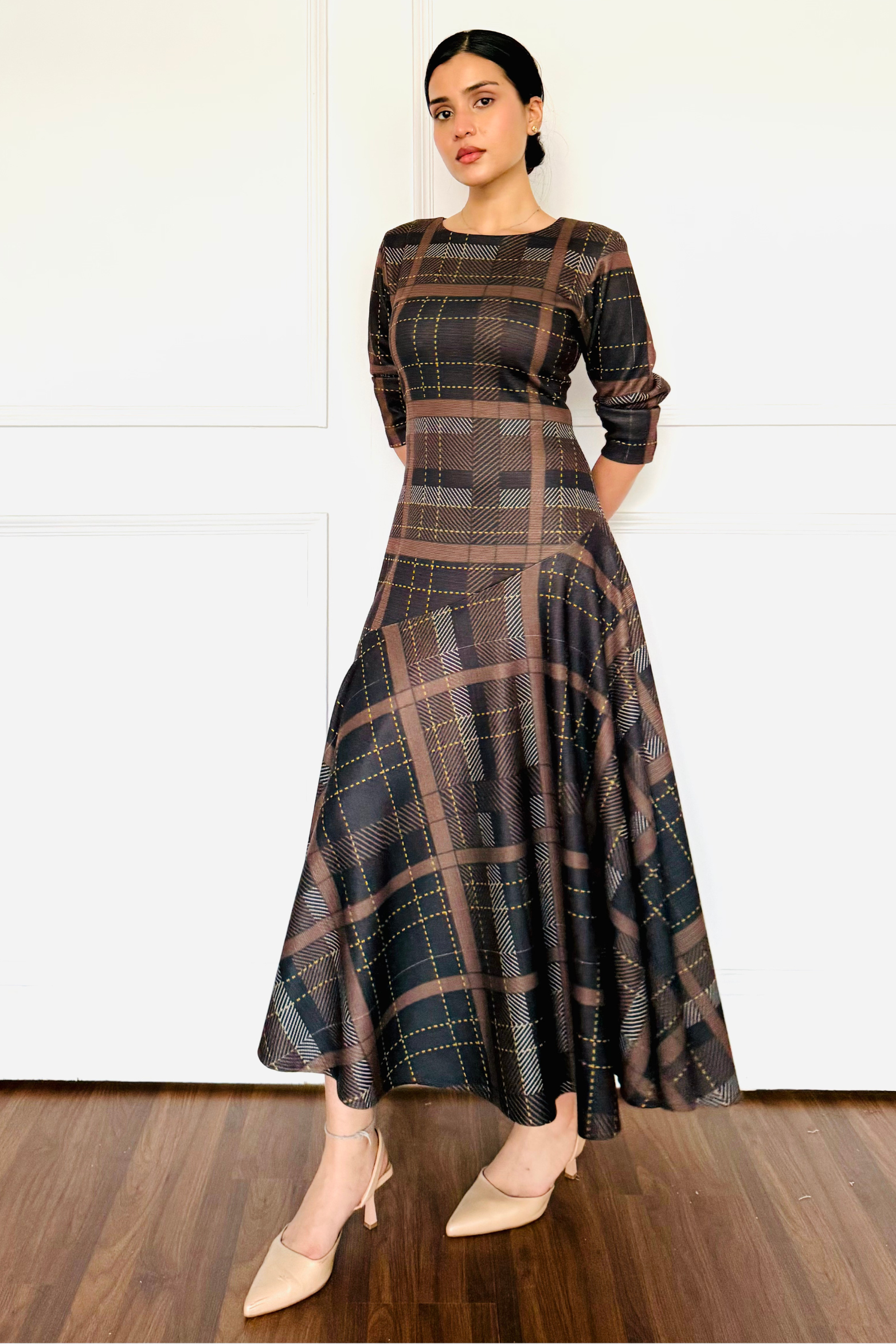 Brown Check Woollen Dress