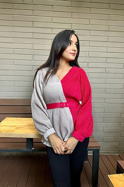 Two Tone Pleated Top With Belt