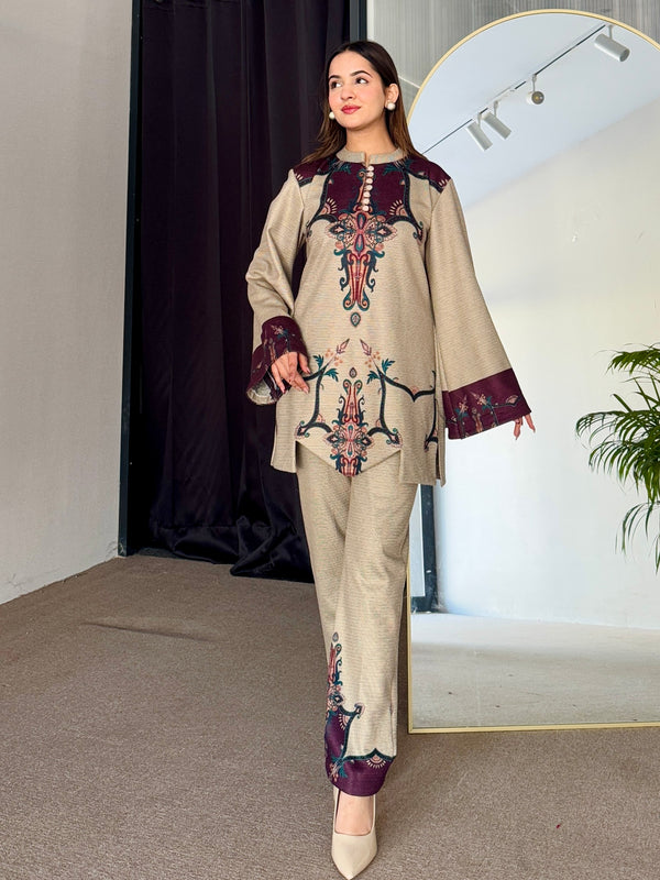 Beige Wine Cutwork Woollen Kurta Set