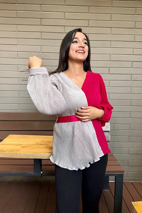 Two Tone Pleated Top With Belt