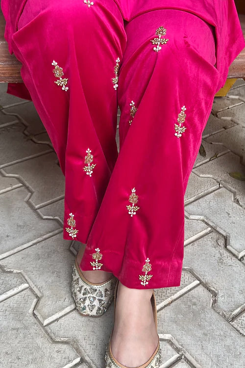 Premium Pink Velvet Hand Embroidered Set