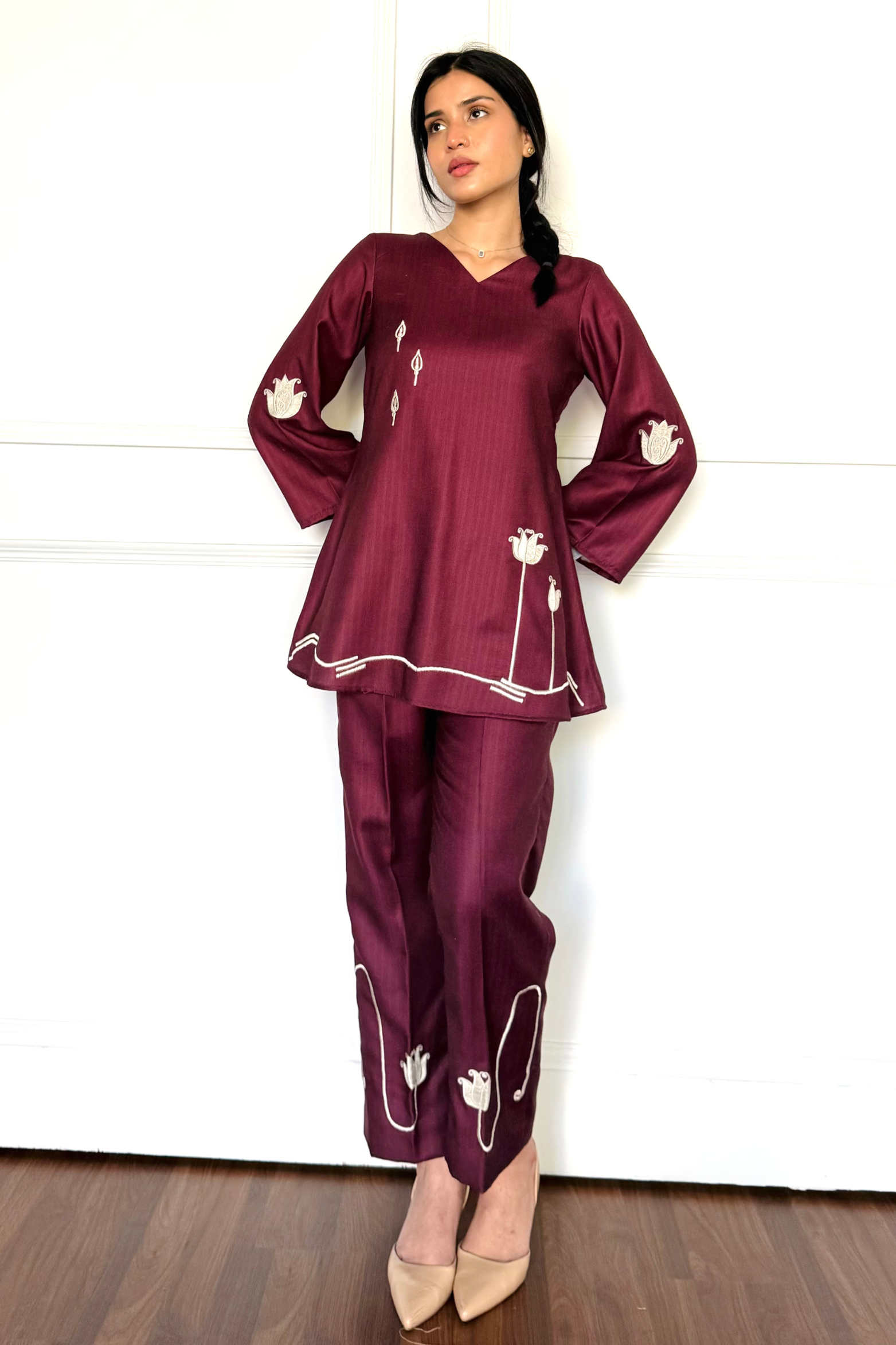 Scarlet Maroon Embroidered Co-ord Set