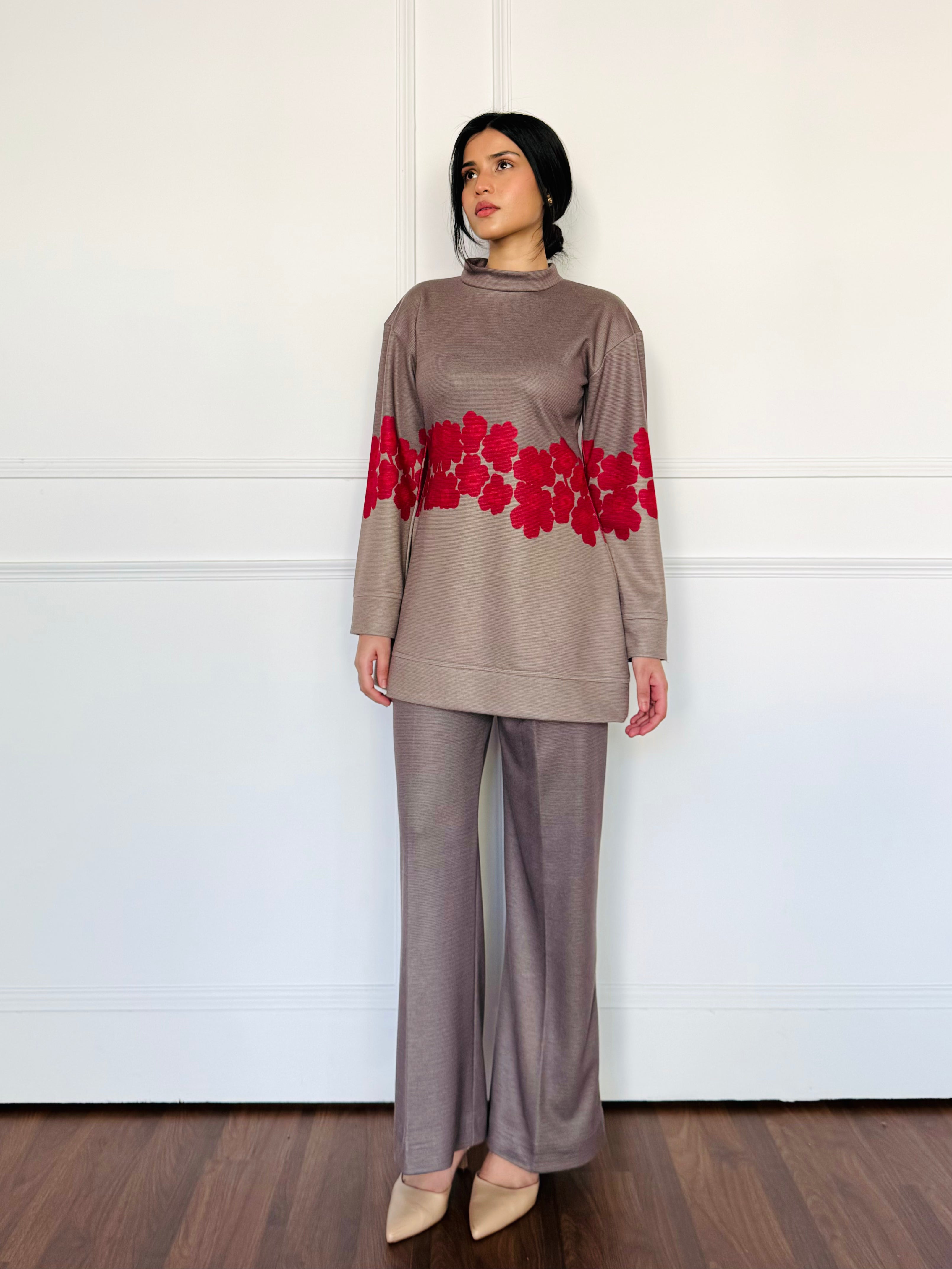 Two-Tone Gray Floral Woollen Co-ord Set