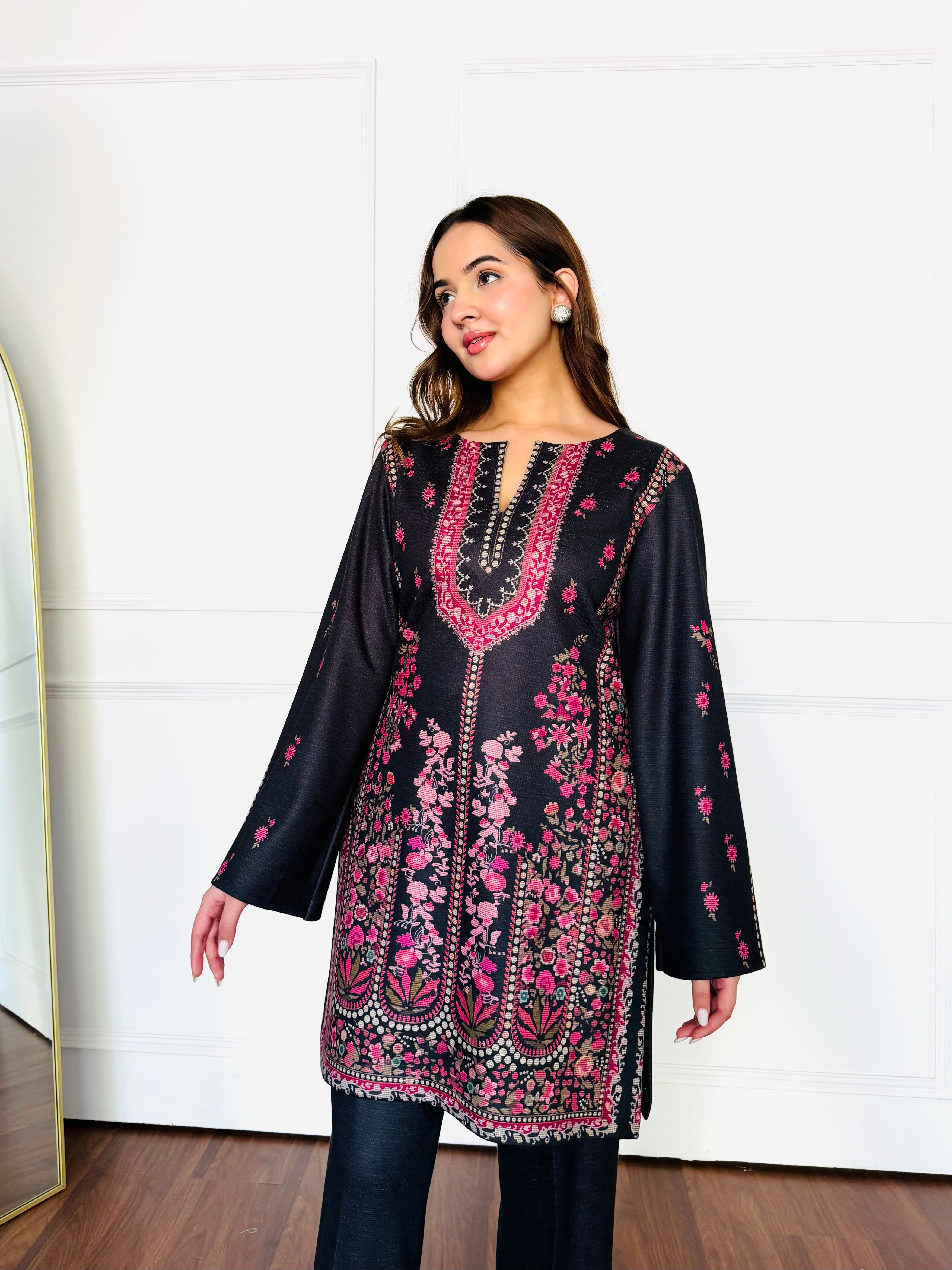 Black & Pink Woollen Kurta Set