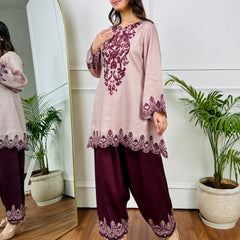 Beige Maroon Embroidered Kurta Set
