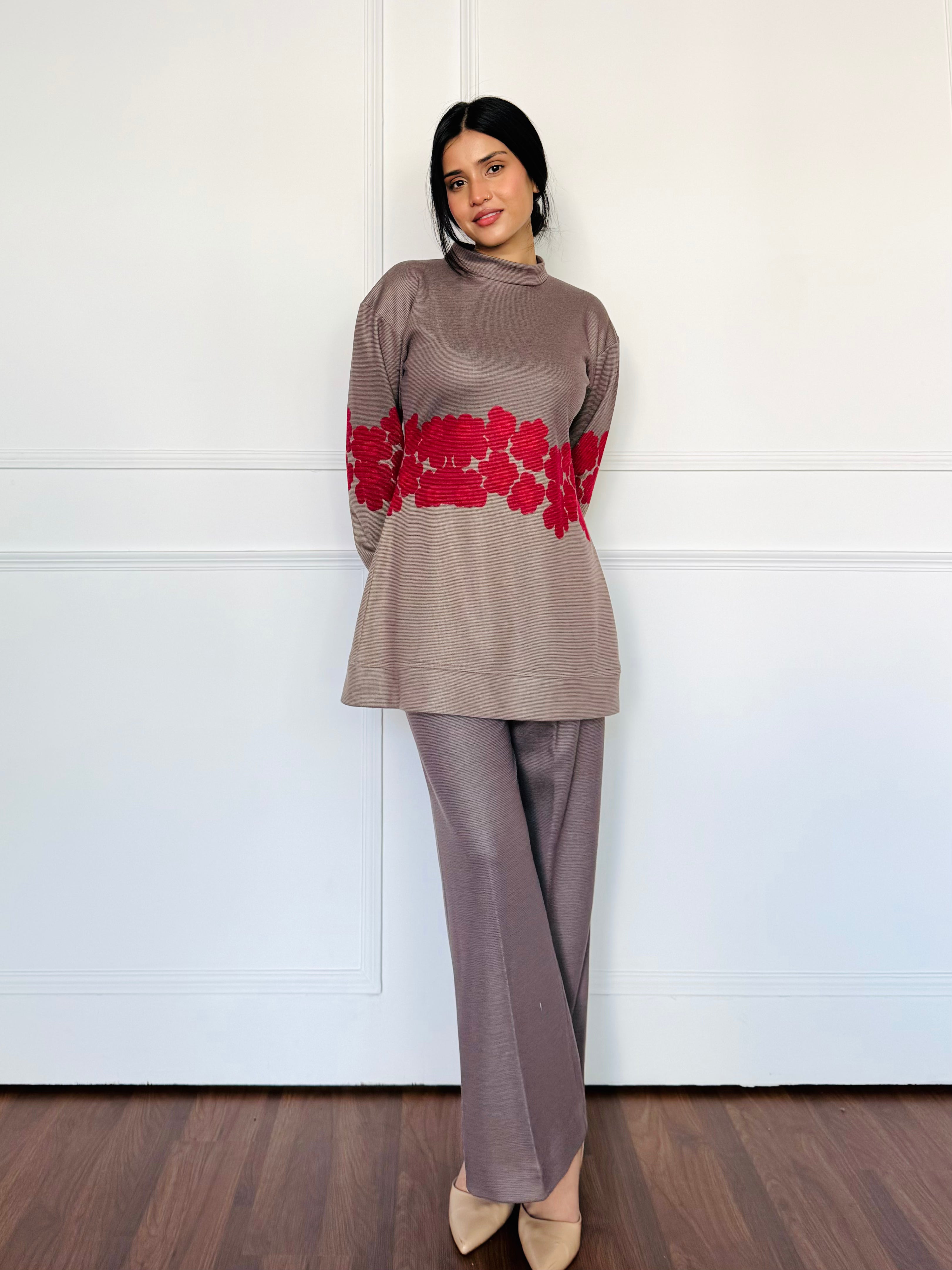 Two-Tone Gray Floral Woollen Co-ord Set