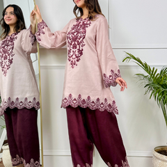 Beige Maroon Embroidered Kurta Set