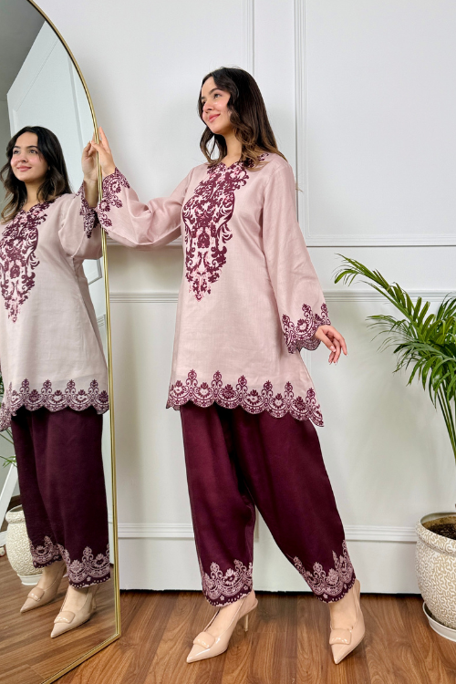 Beige Maroon Embroidered Kurta Set