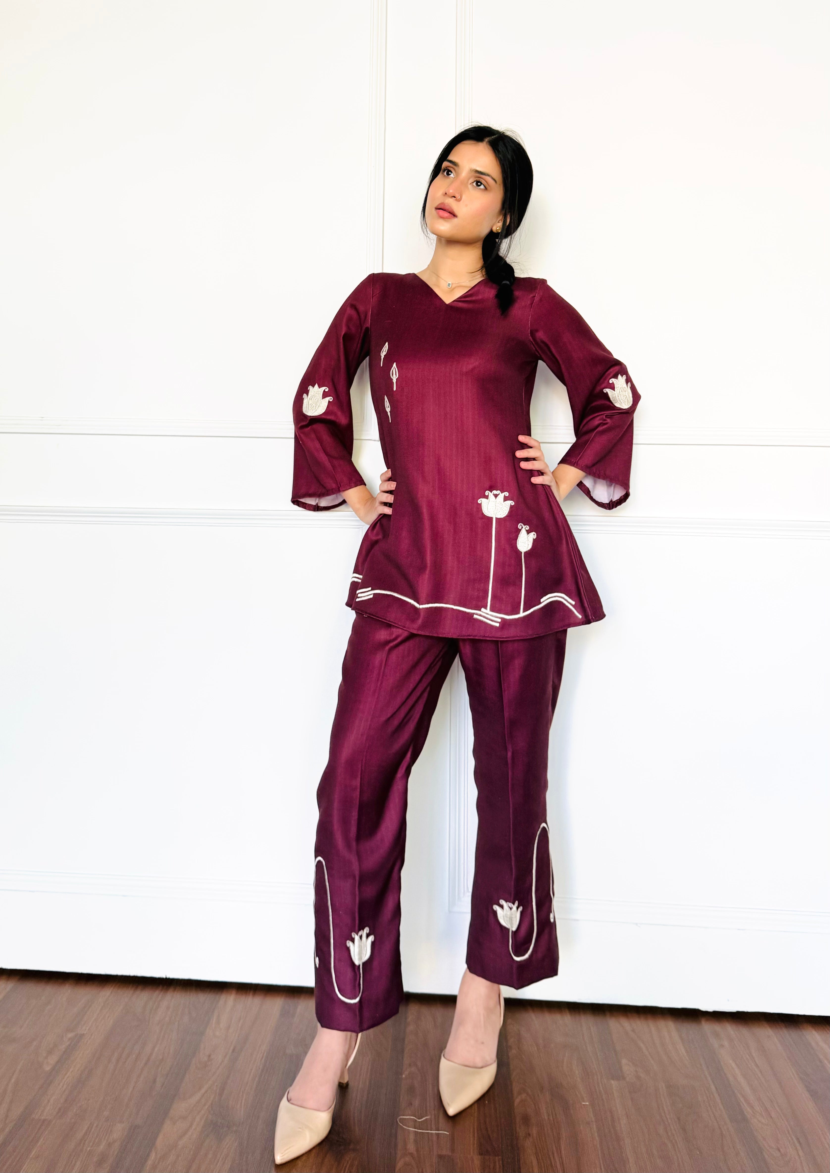 Scarlet Maroon Embroidered Co-ord Set