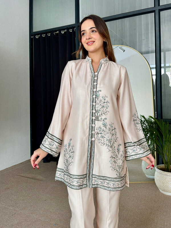 Beige Winter Floral Pashmina Kurta Set