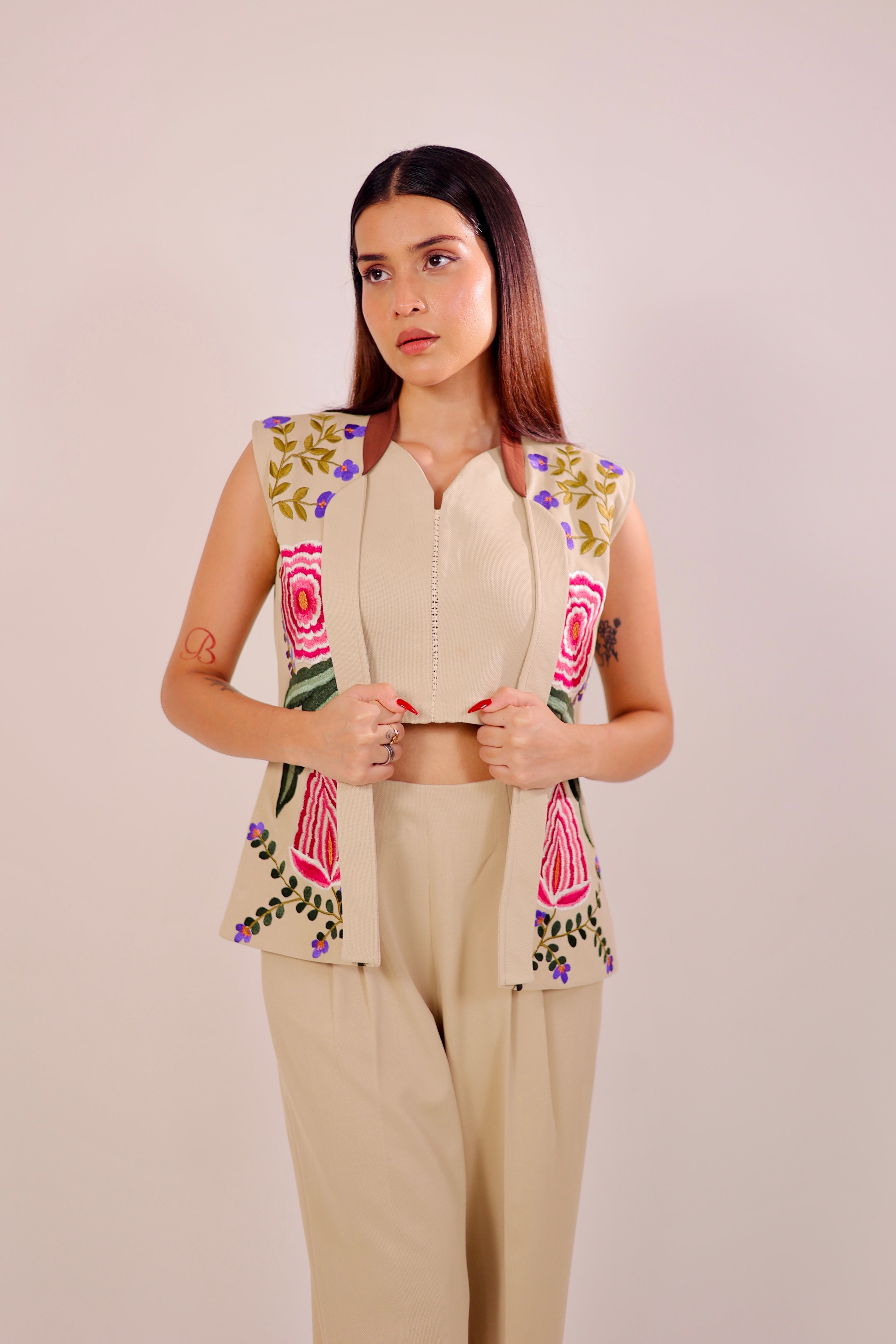Beige Embroidered Blazer 3 Piece Set