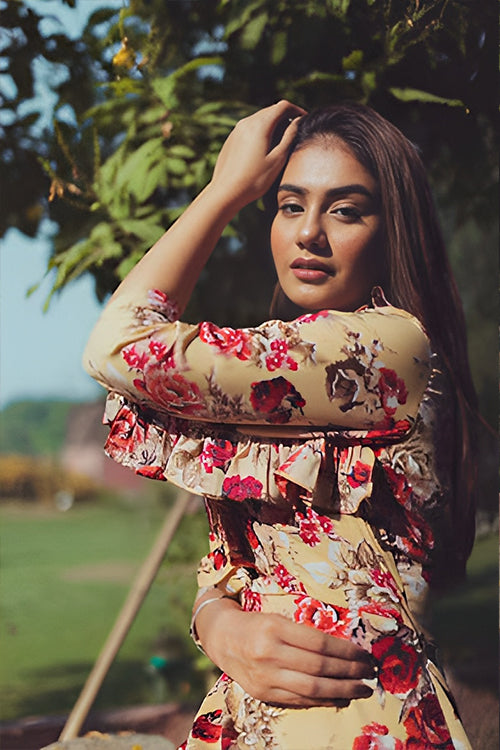 Hazel Floral High Low Maxi Dress With Frills