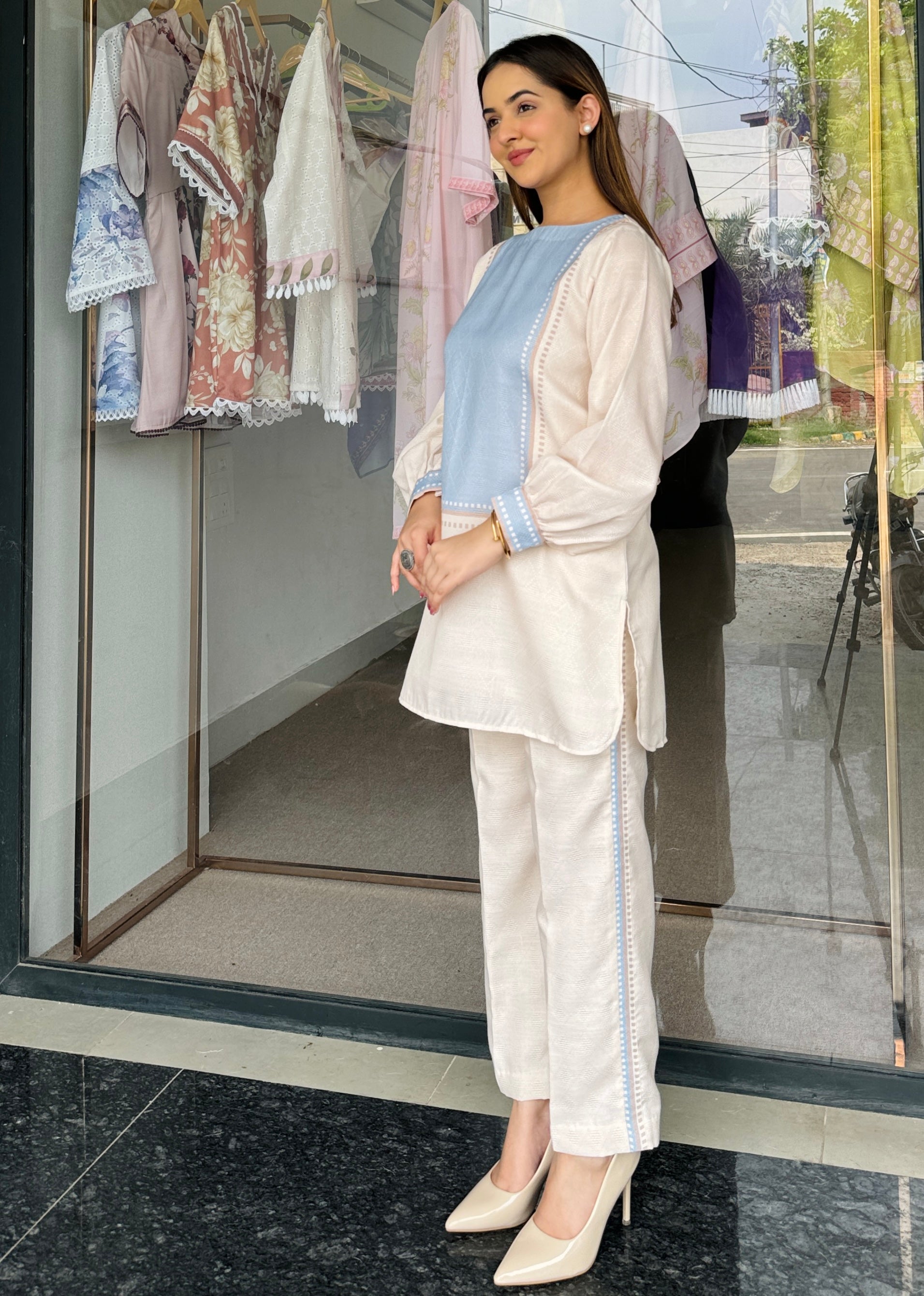Beige Blue Harmony Co Ord Set