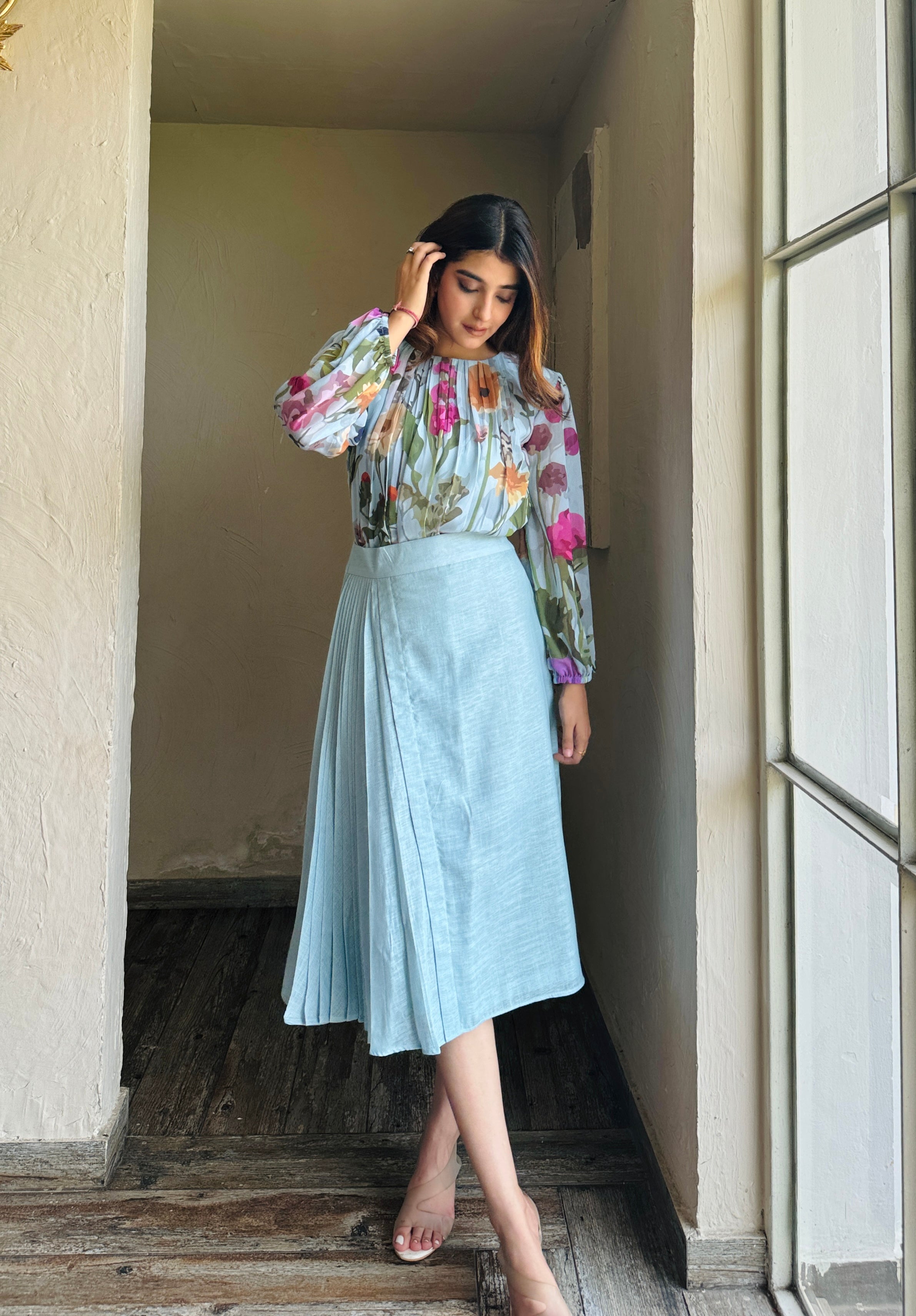 Blue Floral Pleated Top